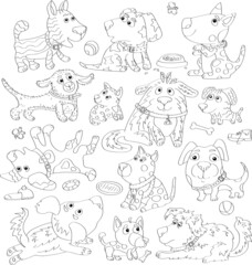  Outlined doodle anti-stress coloring page cute dogs. Coloring book page for adults and children