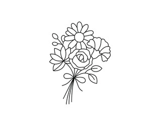 Wall Mural - Vector isolated cute small flower bouquet colorless black and white contour line drawing