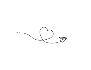 Vector isolated paper origami airplane with a heart-shaped trajectory colorless black and white contour line simple drawing