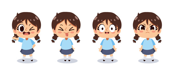 Wall Mural - Kawaii cute girl character in various emotion. cartoon vector illustration.