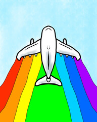 airplane flying in the sky on a rainbow