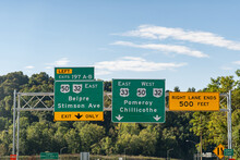 Road Signs In Athens, Ohio On Route US 33 For Exit 197 A-B For Belpre, Stimson Ave And Continuing On Routes US 33, US 50 And Ohio 32