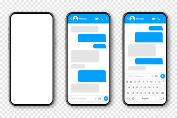 Realistic smartphone with messaging app. Blank SMS text frame. Conversation chat screen with blue message bubbles. Social media application. Vector illustration.