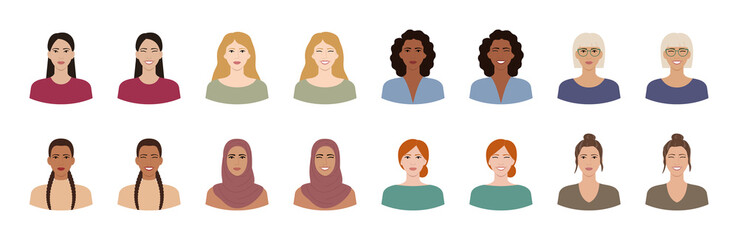 Wall Mural - Set of women with different hairstyles, skin colors, races, ages. Diverse portraits of smiling, cheerful women isolated on white. Variations of female facial expressions. Flat vector illustration.