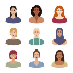 Wall Mural - Set of women with different hairstyles, skin colors, races, ages. Diverse portraits of smiling, cheerful women isolated on white. Variations of female facial expressions. Flat vector illustration.