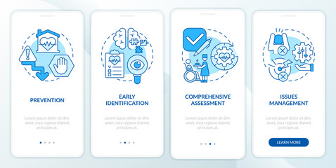 Palliative care stages blue onboarding mobile app screen. Healthcare walkthrough 4 steps graphic instructions pages with linear concepts. UI, UX, GUI template. Myriad Pro-Bold, Regular fonts used