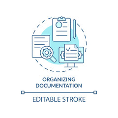 Sticker - Organizing documentation turquoise concept icon. Benefits of BPA in banking abstract idea thin line illustration. Isolated outline drawing. Editable stroke. Arial, Myriad Pro-Bold fonts used