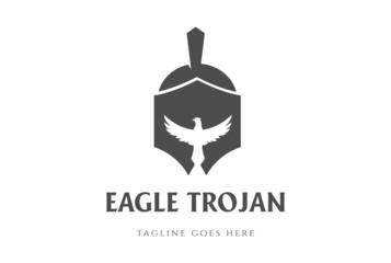 Wall Mural - Clever Eagle Hawk Falcon Bird with Roman Greek Trojan Spartan Helmet Logo Design Vector