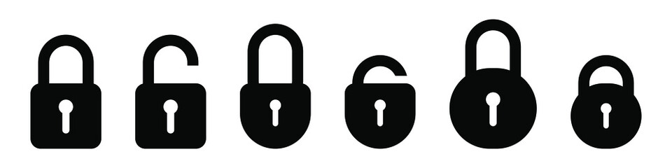 Fototapete - Padlock icons. Lock black icon set. Locked and unlocked security symbol. Vector illustration isolated on white background. EPS 10
