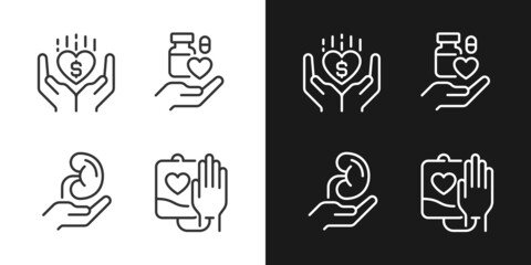 Wall Mural - Donation to healthcare organizations pixel perfect linear icons set for dark, light mode. Safe medication disposal. Thin line symbols for night, day theme. Isolated illustrations. Editable stroke