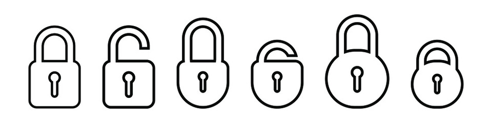 Fototapete - Padlock line icons. Lock black icon set. Locked and unlocked security symbol. Vector illustration isolated on white background. EPS 10