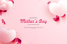 Mother's Day Background With Pink Embossed Illustration With Pink Balloons.
