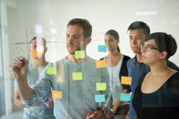 Wall Mural - Planning is the first step. Cropped shot of a group of young designers planning on a glass board.