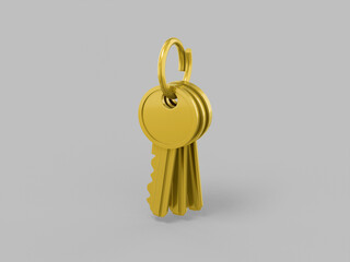 Fototapete - Golden one color bunch of keys on a gray flat background. Minimalistic design object. 3d rendering icon ui ux interface element.