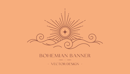 Wall Mural - vector bohemian logo design with sun,cloud or sea waves and light rays.boho linear icon or symbol in