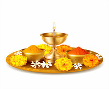 Traditional Puja Thali - Plate For Ritual Ceremony With Kumkum, Haldi Or Turmeric Powder, Flowers And Diya (oil Lamp). Hindu Sacral Element For Worshipping God. Vector Illustration.