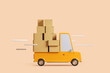 Yellow truck with cardboard boxes for moving to the office or home. The concept of urban logistics, transport delivery. 3d rendering