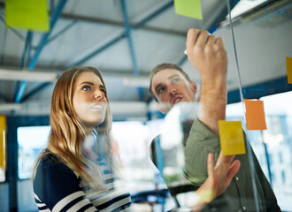 Poster - Keeping business evolving with a creative brainstorming session. Shot of colleagues having a brainstorming session with sticky notes at work.