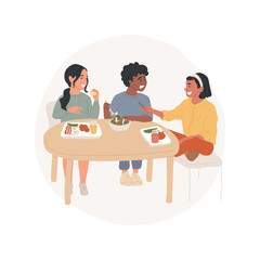 Wall Mural - Lunch break isolated cartoon vector illustration Students sit with trays in canteen, having healthy lunch, school break, children talking and laughing, socialization time vector cartoon.