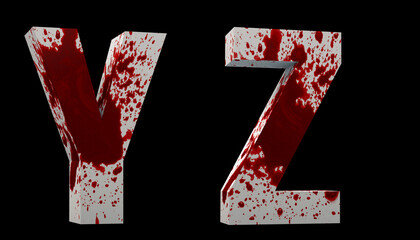 Fototapeta alphabet blood. y, z. letters horror. white letters smeared with blood. 3d render. black background.
