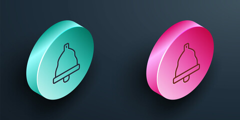 Wall Mural - Isometric line Church bell icon isolated on black background. Alarm symbol, service bell, handbell sign, notification symbol. Turquoise and pink circle button. Vector