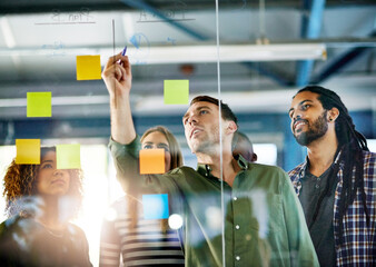 Poster - New ideas for a new business. Shot of colleagues having a brainstorming session with sticky notes at work.