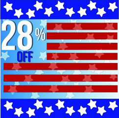 28 percent off discount, red stripes blue lines top and bottom with white stars president day