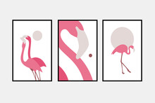 Vector Posters In Minimalism Style, Pink Flamingos.