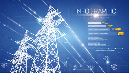 electrical high voltage pylons, electricity price infographics.