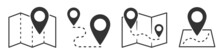 Map And Location Symbols Set. Mapping Icon Collection. Geolocation Map Path Distance. GPS Cartography Position. Pinpoint, Map Search, Route, Navigator - Stock Vector.