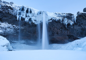 Wall Mural - Seljalandsfoss waterfall, Iceland. Icelandic winter landscape.  High waterfall and rocks. Snow and ice. Powerful stream of water from the cliff. A popular place to travel in Iceland.