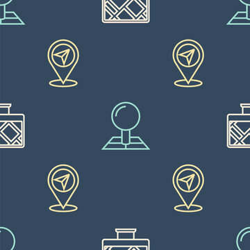 Set line Monitor with map location, Map pin and Folded marker on seamless pattern. Vector