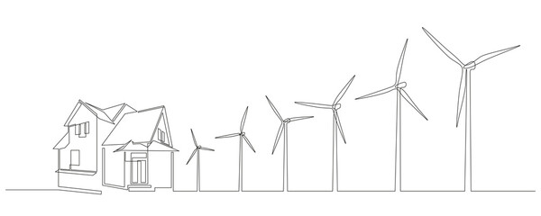 Wall Mural - Wind farm turbines and windmill with family house in One continuous line drawing. Green energy and renewable source of power concept in simple linear style. Vector illustration