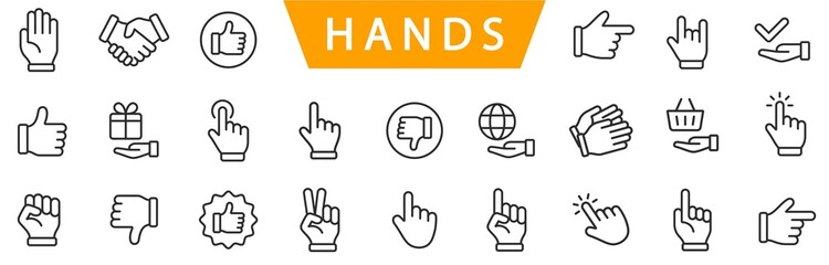 Hand line icons set isolated on white background vector. Hands line icons