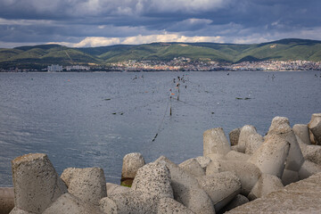 Poster - View from breakwater in Nesebar historic city on a Black Sea shore in Bulgaria