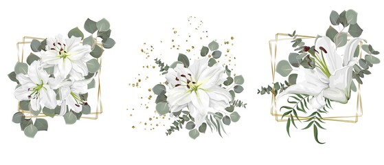 Wall Mural - Vector flower set for wedding design. White lilies, eucalyptus, plants, leaves, golden elements. Flowers on a white background
