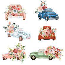 Set Of Watercolor Old Trucks With Red Flowers And Greenery, Illustration Isolated On White Background