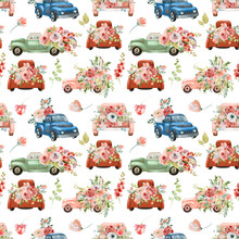Seamless Pattern Of Watercolor Old Trucks With Red Flowers And Greenery, Illustration Isolated On White Background