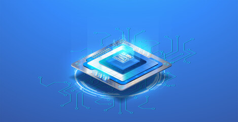 Wall Mural - Microchip or microprocessor, hardware engineering. Futuristic microchip processor with lights on the blue background. Quantum computer, large data processing, database concept. Future technology