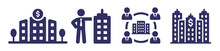 Company Icon Set. Containing Business Office, Businessman, Partner And Firm Building Icon.