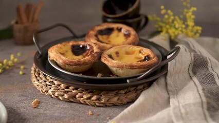 Canvas Print - Egg tarts, traditional Portuguese dessert, pastel de nata on a plate.