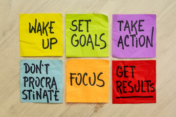 Wall Mural - wake up, set goals, take action, focus, do not procrastinate, get results - a set of motivational reminder notes, productivity, business or personal development concept