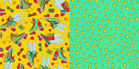 Roller skates, retro background in the style of the 90s, stars, bright seamless patterns. A set of 2 patterns.