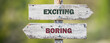 opposite signs on wooden signpost with the text quote exciting boring engraved. Web banner format.