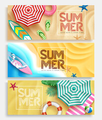 Wall Mural - summer vector banner set design. summer text in frame decoration with sand beach elements and backgr