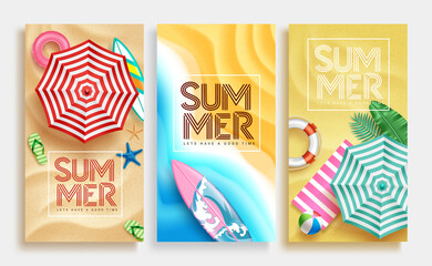 Fototapete - Summer vector poster set design. Summer text in sand beach background with tropical season elements for relax holiday outdoor collection. Vector illustration.
