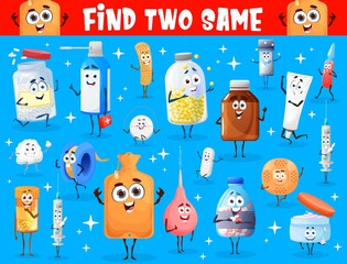 Poster - Find two same drugs, pill and medication characters kids game worksheet. Vector puzzle or maze, attention test with funny cartoon pills, capsules and syringes, cotton wool, enemas and medicine bottles