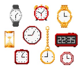 Isolated pixel hourglass, watch and alarm clock pixel art 8bit game icons. Vector time accessories, pixelated elements set. Stopwatch, wrist watch, sandglass and golden breguet watch on chain