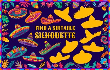 Aufkleber - Find a suitable silhouette of mexican sombrero hats, kids quiz vector worksheet. Riddle game to find correct similar shadow or tabletop puzzle with cartoon mexican sombrero and flowers