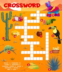 Poster - Crossword grid worksheet with mexican food, animals and items. Find a word quiz game, children text riddle or kids puzzles book vector page with toucan, cactus and chameleon, agave, pinata and fruits